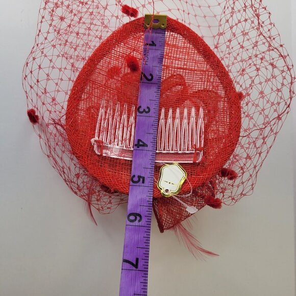 Red Fascinator with Birdcage Netting Veil and Feathers - Picture 10 of 15
